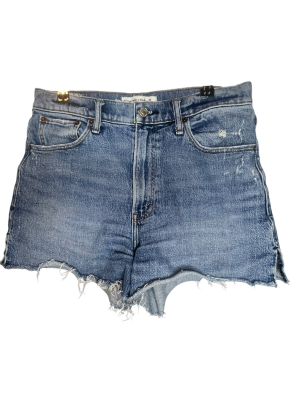 Abercrombie & Fitch Medium Wash Mom Shorts High Rise Cut Off Raw Hem Denim